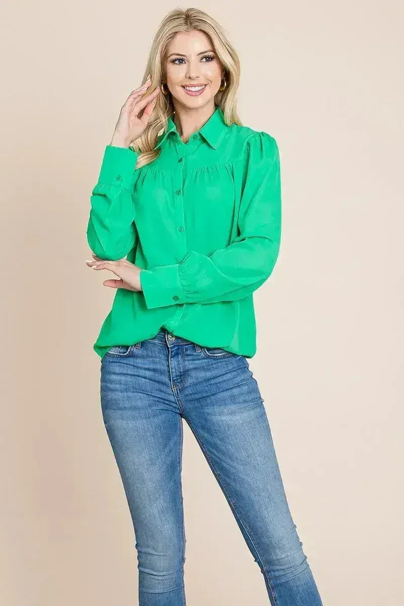 Collared Long Sleeve Pleated Detail Blouse Tops | Femstylo