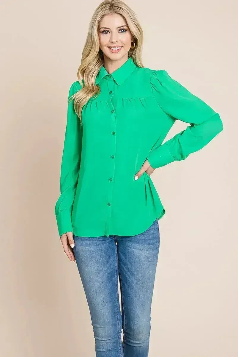 Collared Long Sleeve Pleated Detail Blouse Tops | Femstylo