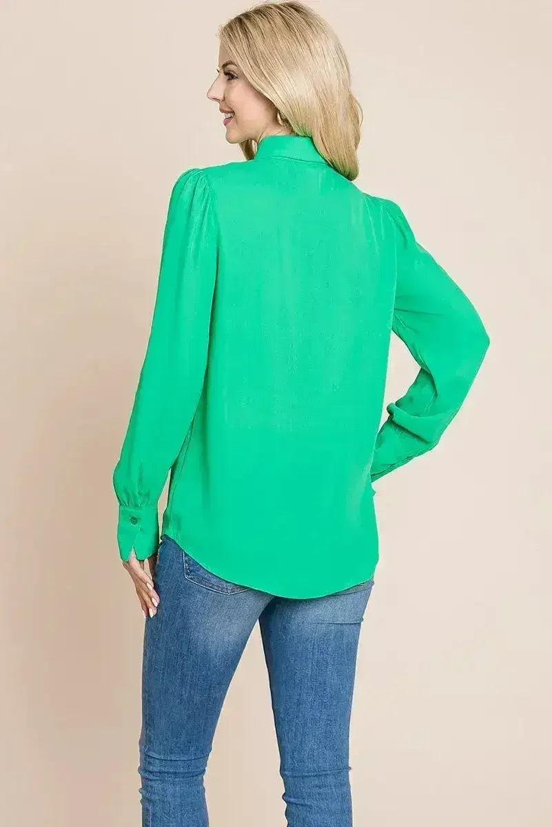 Collared Long Sleeve Pleated Detail Blouse Tops | Femstylo