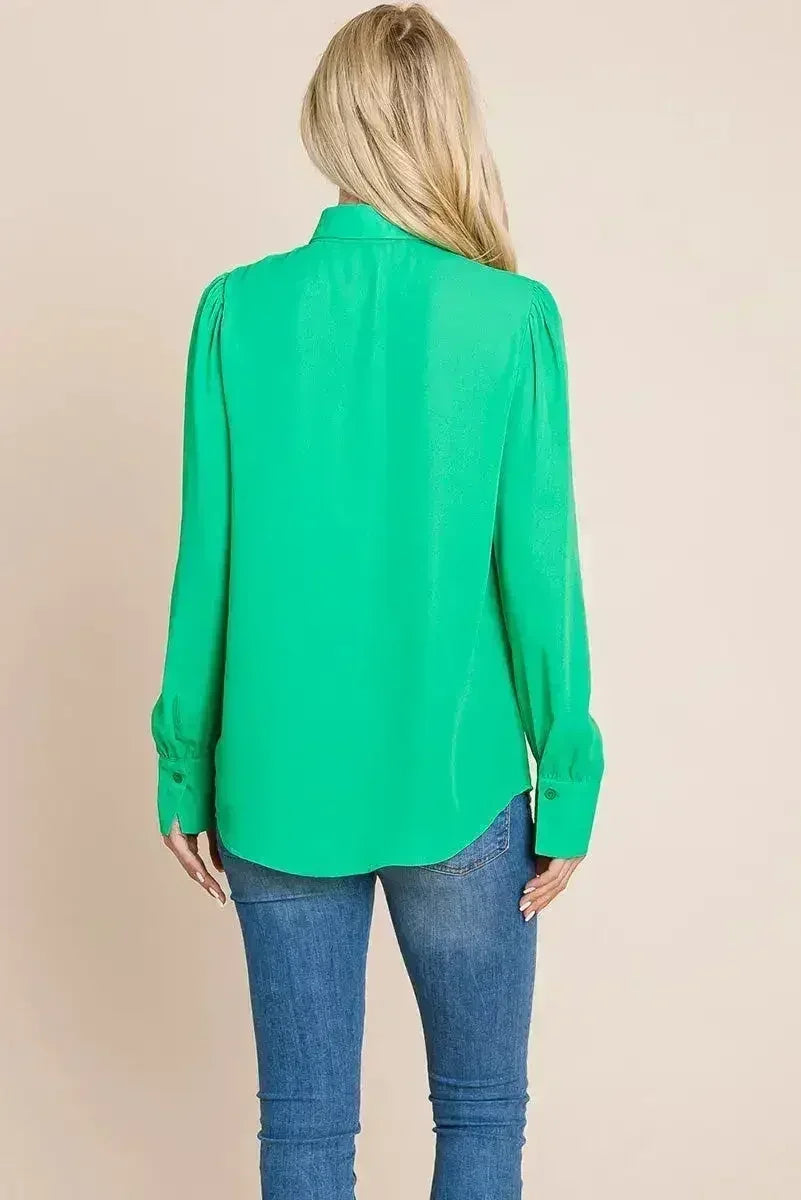 Collared Long Sleeve Pleated Detail Blouse Tops | Femstylo