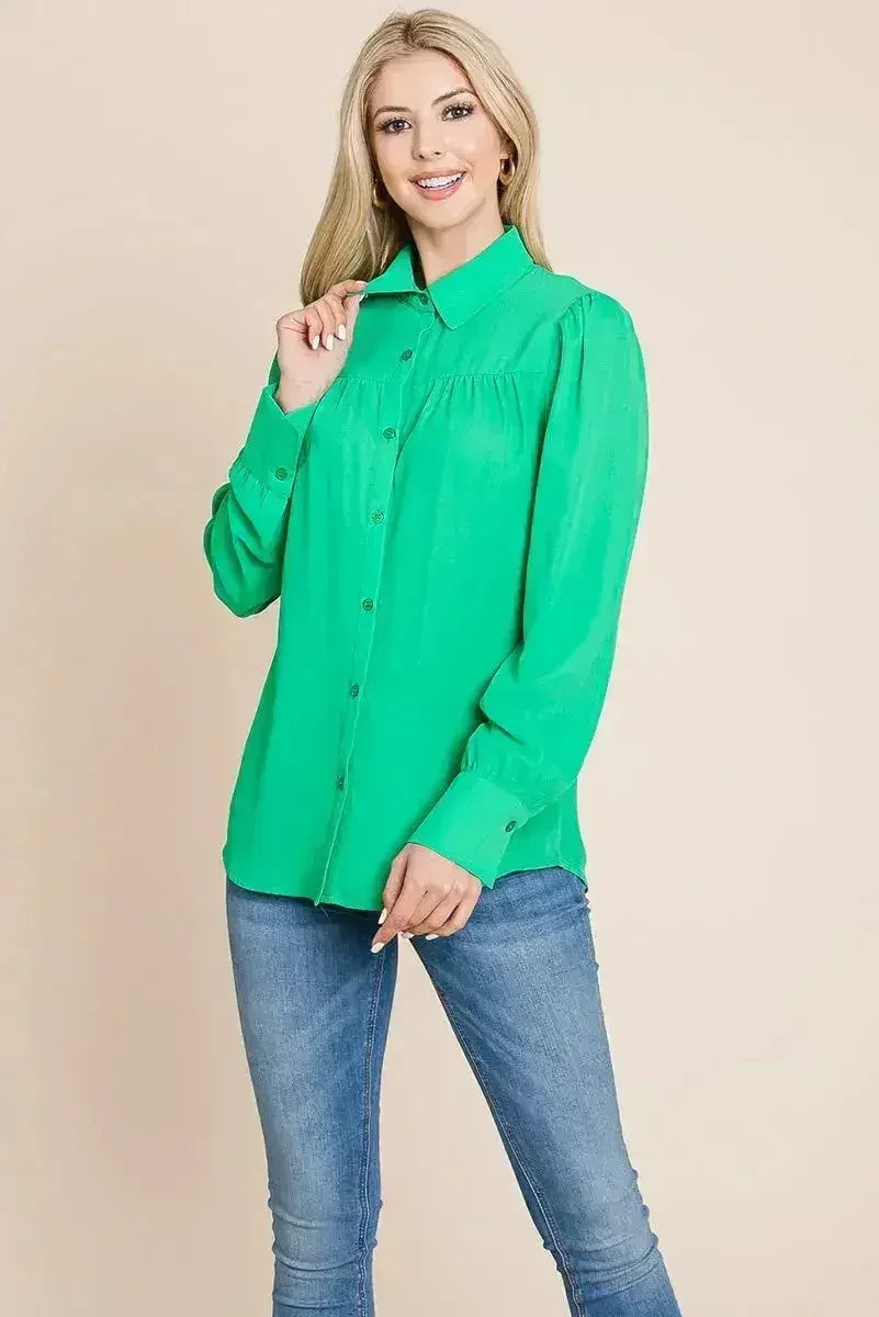 Collared Long Sleeve Pleated Detail Blouse Tops | Femstylo