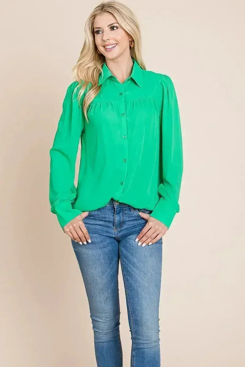 Collared Long Sleeve Pleated Detail Blouse Tops | Femstylo