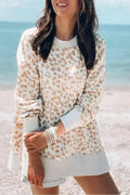 Round Neck Long Sleeve Apricot Leopard Print Loose Fit Sweatshirt