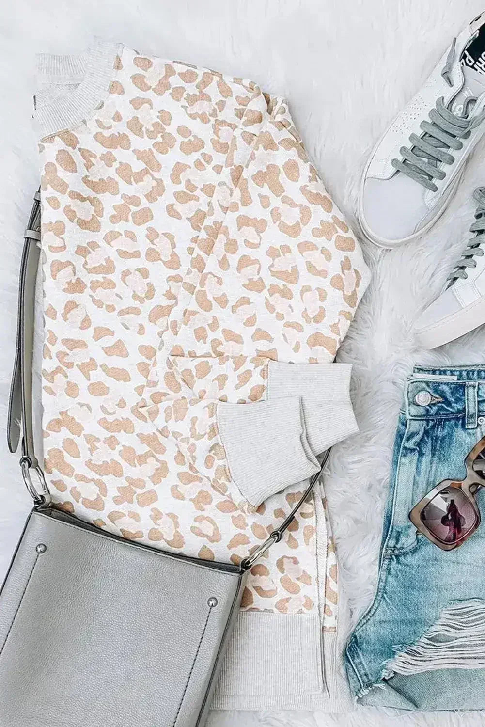 Round Neck Long Sleeve Apricot Leopard Print Loose Fit Sweatshirt