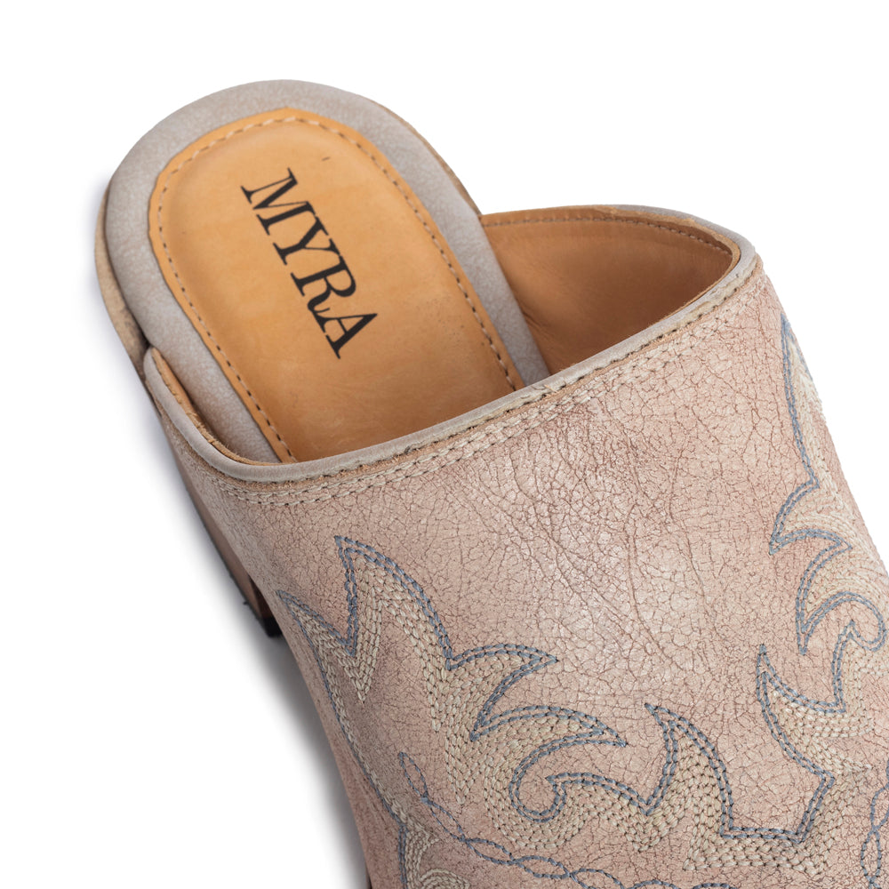 Myra El Paso Ivory Embroidered Mules for Women Pointed Toe, Low Block Heel Western Leather Shoes