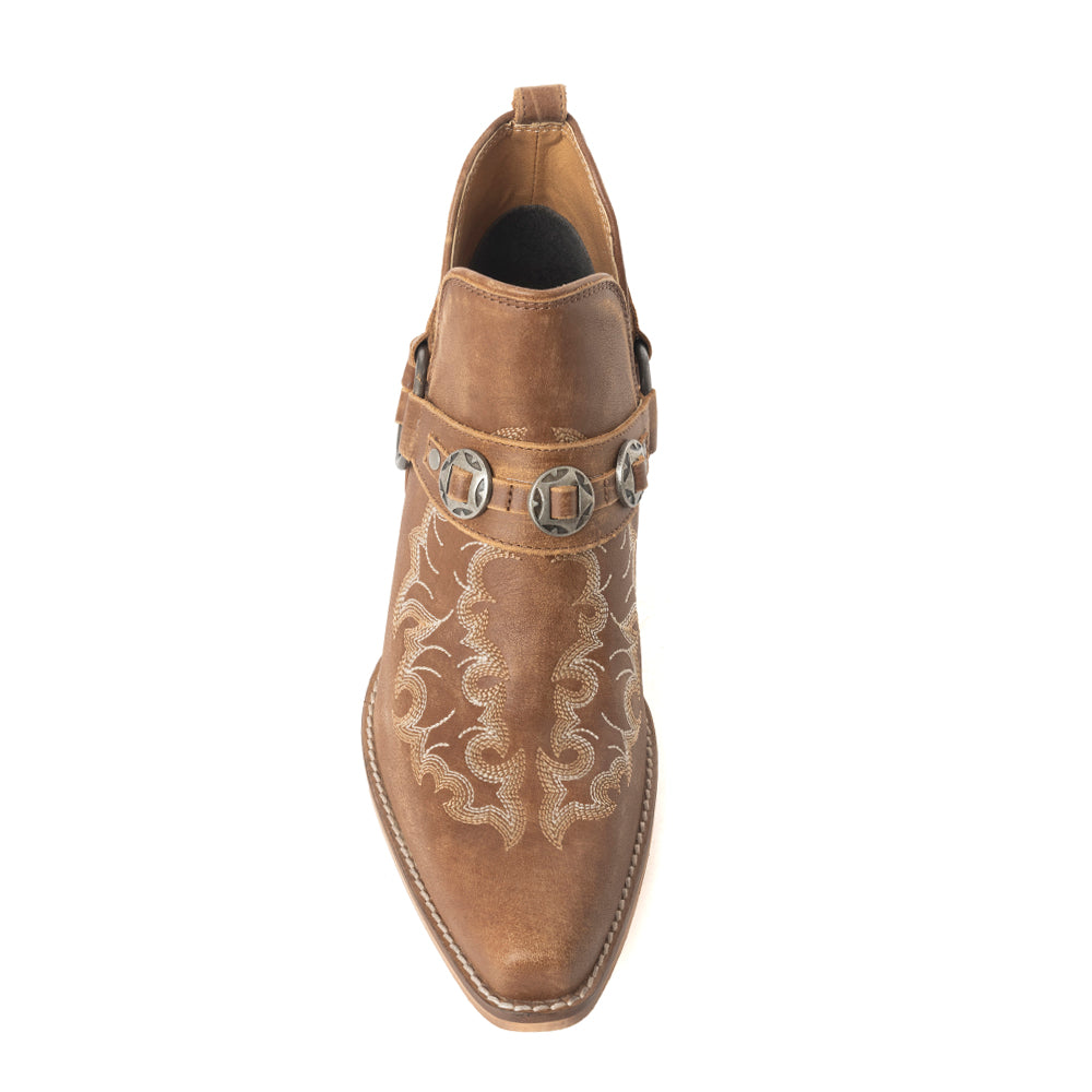 Myra Western Ember Ankle Booties for Women – Embroidered Leather with Buckled Straps, Pointed Toe & Stacked Low Heel