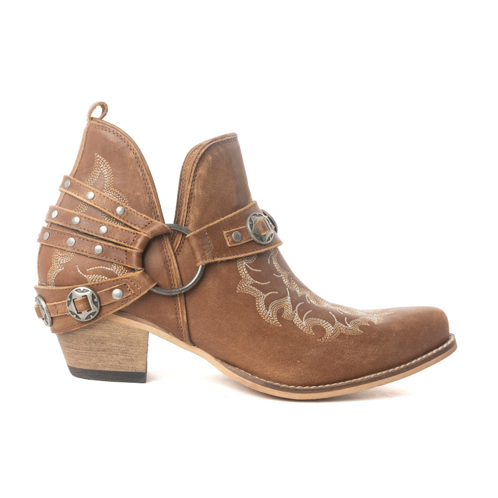 Myra Western Ember Ankle Booties for Women – Embroidered Leather with Buckled Straps, Pointed Toe & Stacked Low Heel
