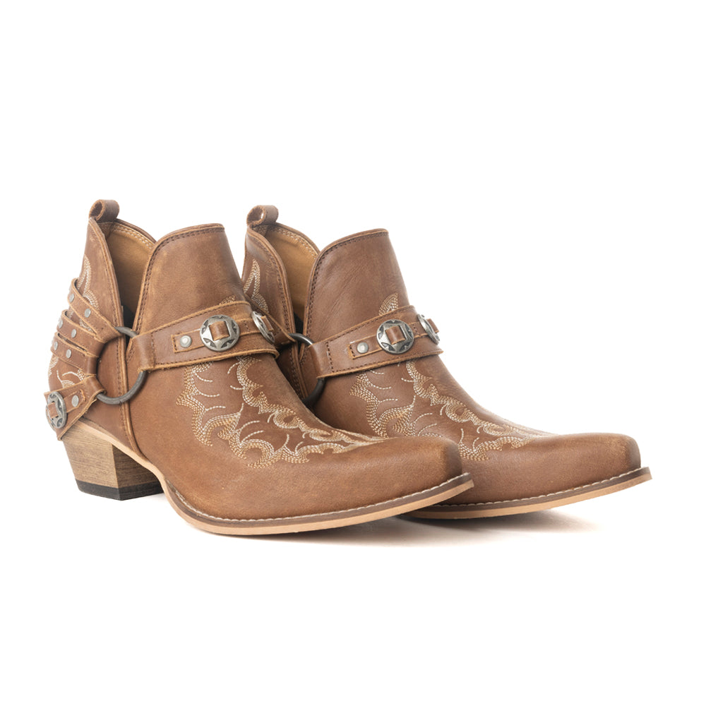 Myra Western Ember Ankle Booties for Women – Embroidered Leather with Buckled Straps, Pointed Toe & Stacked Low Heel