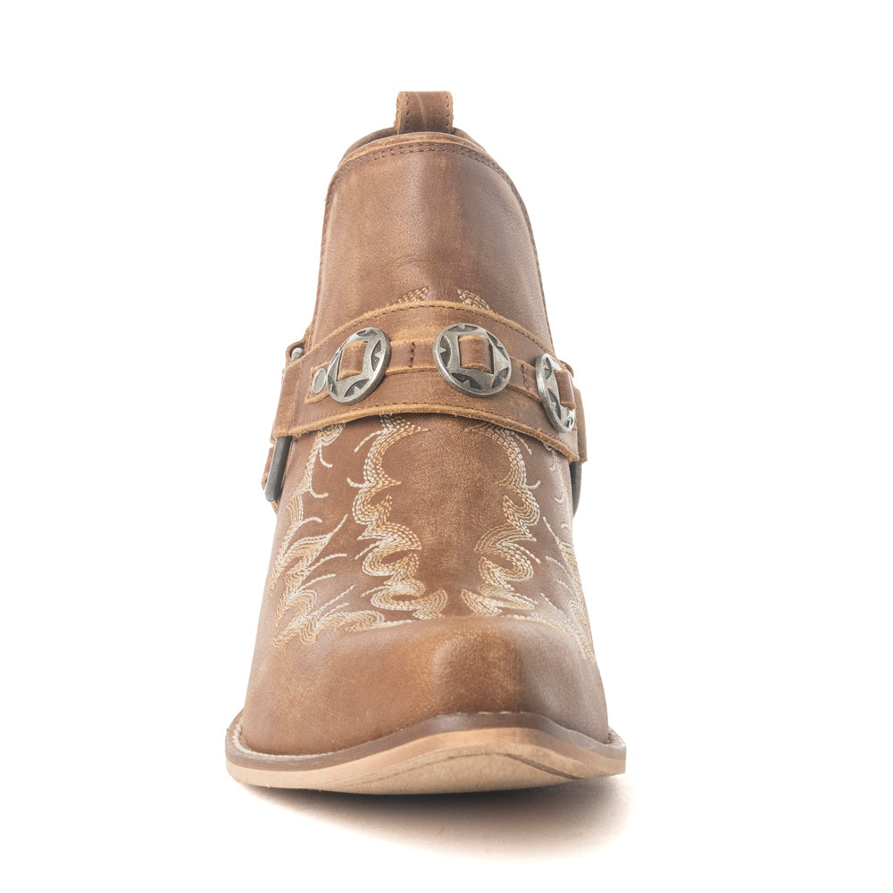 Myra Western Ember Ankle Booties for Women – Embroidered Leather with Buckled Straps, Pointed Toe & Stacked Low Heel