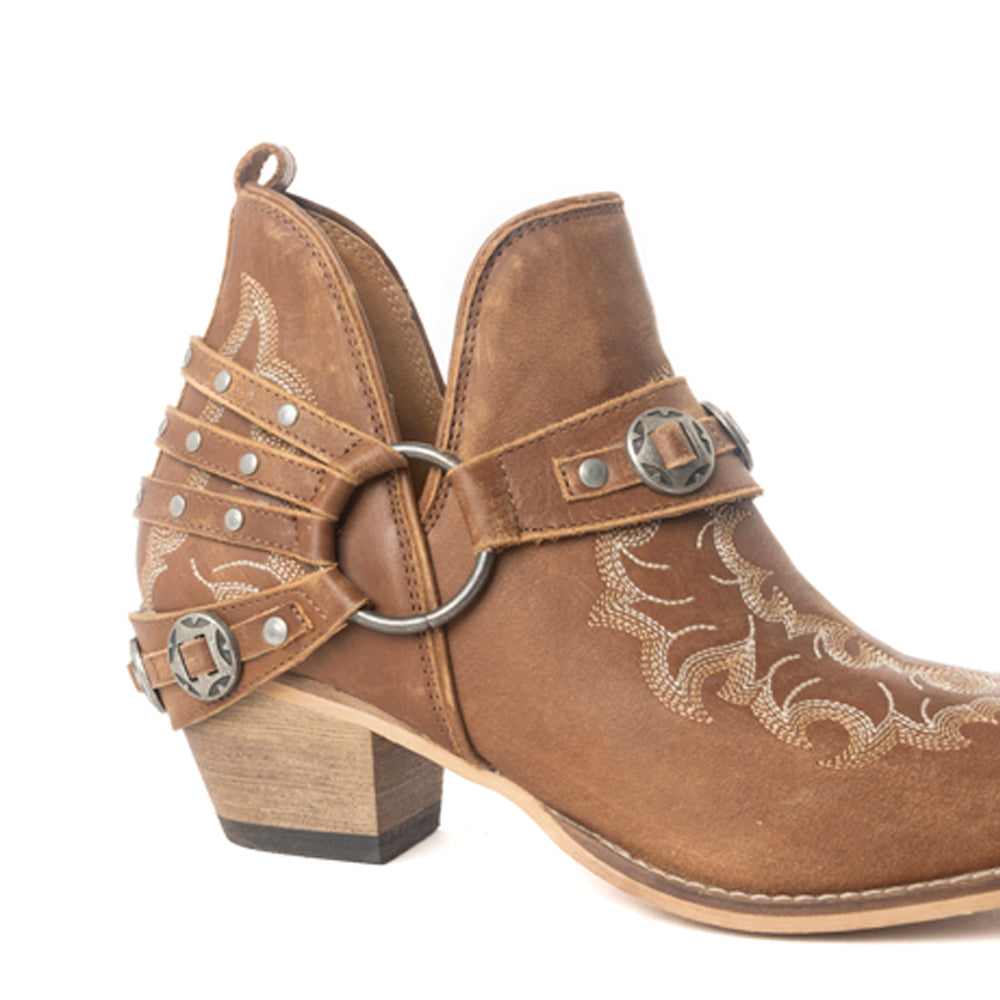Myra Western Ember Ankle Booties for Women – Embroidered Leather with Buckled Straps, Pointed Toe & Stacked Low Heel