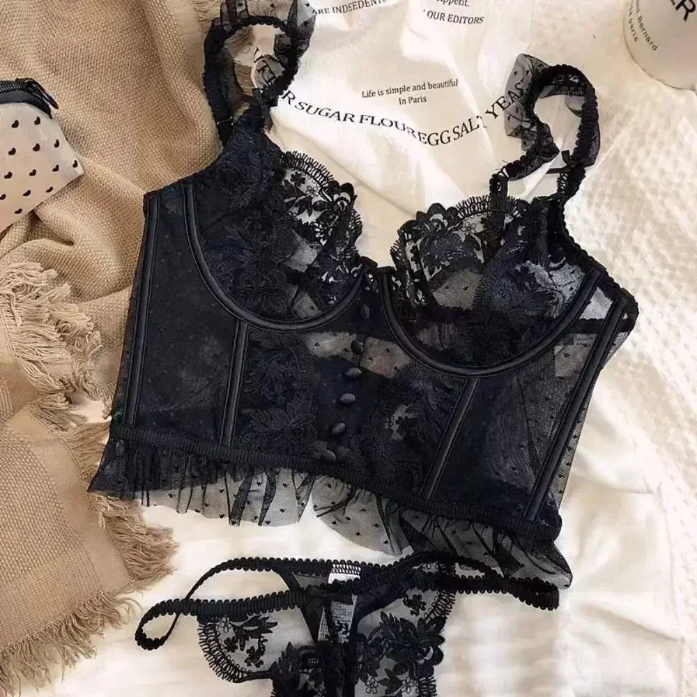 Fashion Comfortable Lace Lingerie with Steel Ring Wrapped Chest Top Bra and Panty Set Sexy Intimates Supply Underwire Female