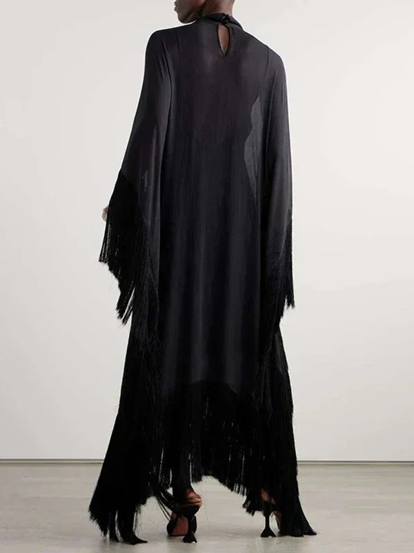 Yeezzi 2025 New Spring Fashion See-Through Tassel Party Dresses Women Batwing Sleeves Solid Color High-Neck Two Piece Set Dress