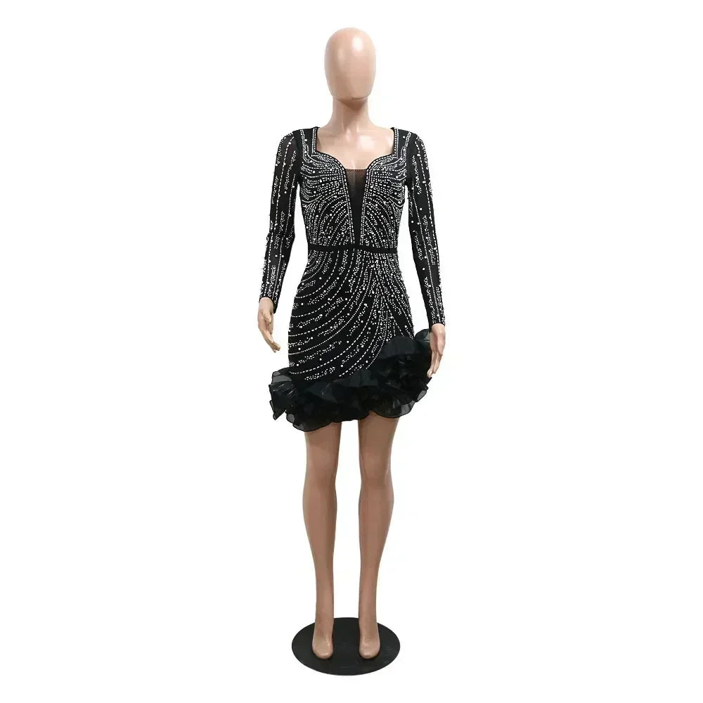 2025 Party Dresses Beading Diamond Long Sleeves Ruffles for women Shiny Elegant Wedding Guest Gown Occasion Celebrate Birthday
