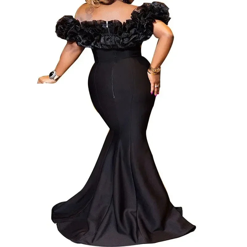 Women Strapless Sleeveless Ruffles Slash Neck Trumper Mermaid Dress Long Evening Party Floor Length Dress Solid Color Sexy