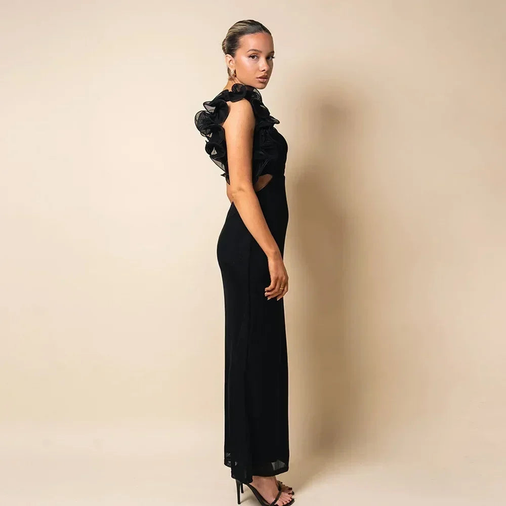 Articat Elegant Sleeveless Slant Shoulder Flower Dress Women Spring/Summer 2025 Sexy Mesh Wrap Hip Dress Party Evening Dress