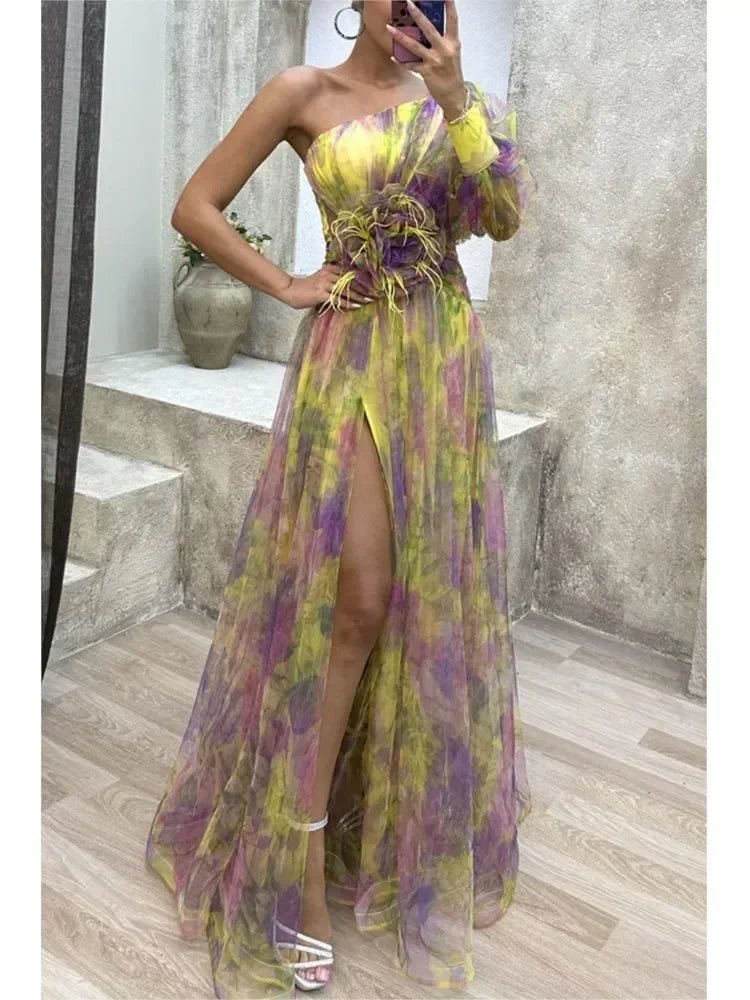 Elegant Oblique Shoulder Single-sleeve  Zipper High Slit Mesh Long Dress For Women Fashion Flower Decoration Party Dress Female
