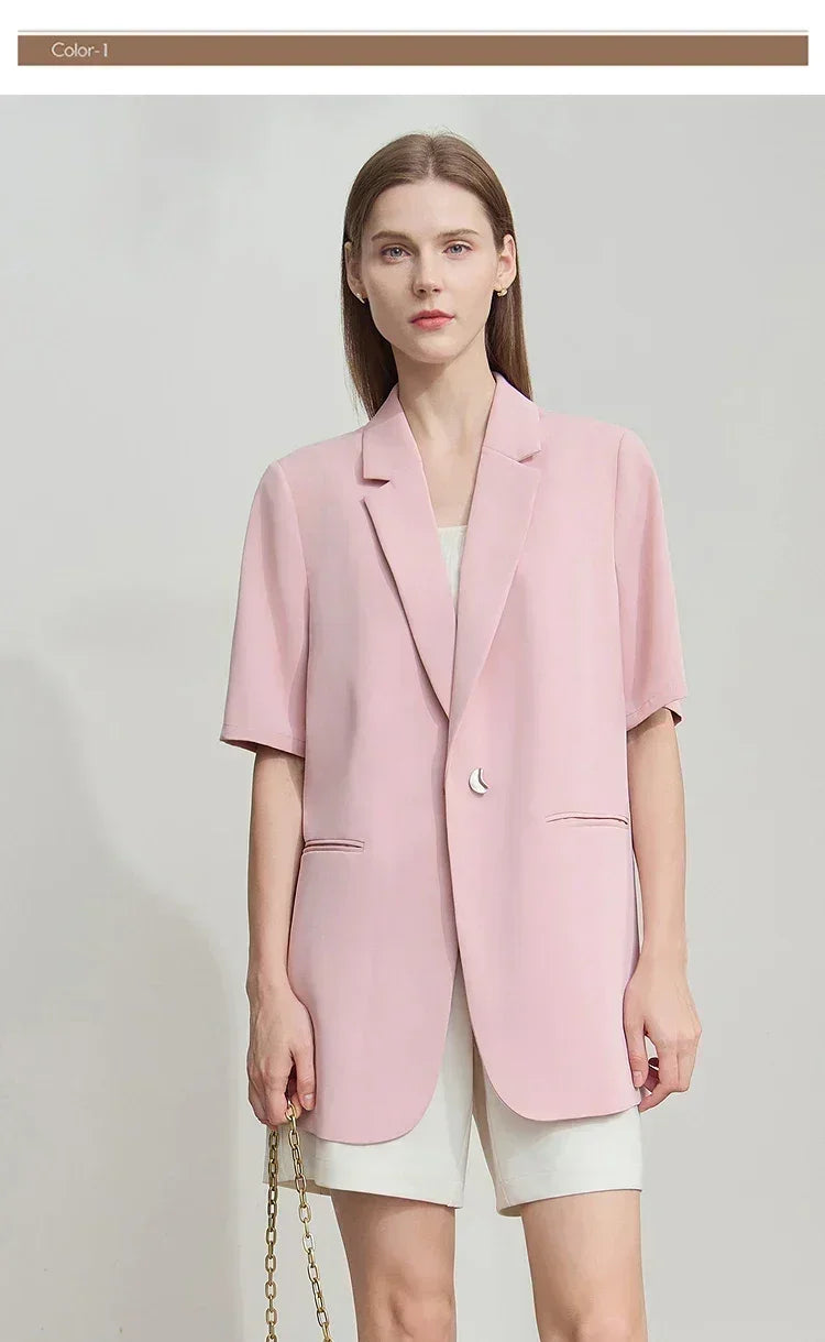 Amii Women's Top Minimalist 2025 Summer New Notched Lapel Contrast Material Patchwork One Button Short Sleeve Blazer 12542081