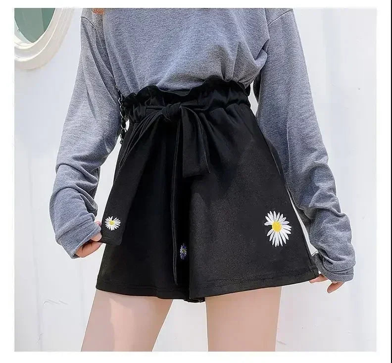 Summer Lightweight Black Casual Sports Pants Women Student Loose High-Waist Wide-Leg Shorts