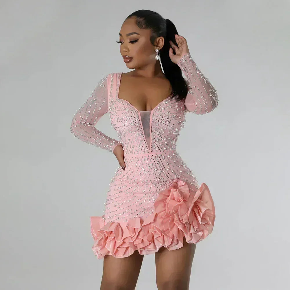 2025 Party Dresses Beading Diamond Long Sleeves Ruffles for women Shiny Elegant Wedding Guest Gown Occasion Celebrate Birthday