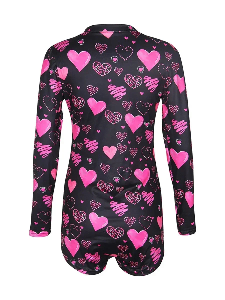 Women’s Long Sleeve Valentine Day Jumpsuit Bodycon V Neck Heart Lip Print Button Down Short Romper Indoor Sleepwear