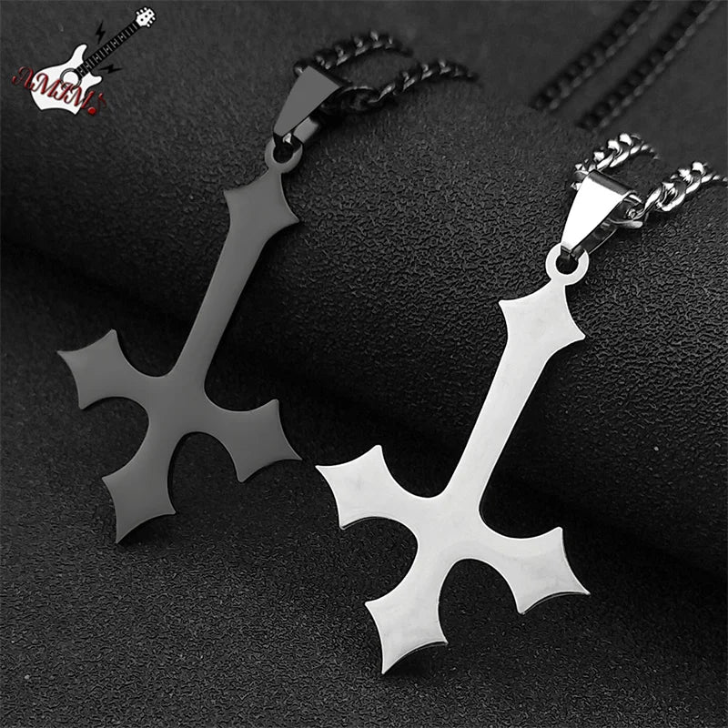 Goth Upside Down Cross Stainless Steel Pendant Necklace | Inverted Crucifix Gothic Jewelry for Men