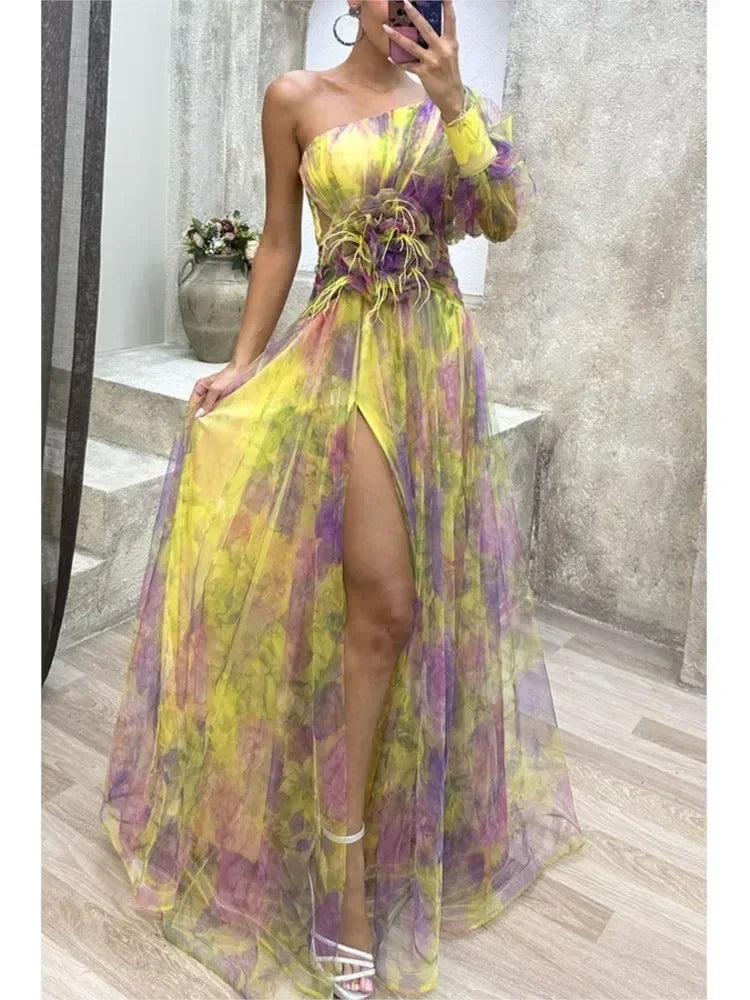Elegant Oblique Shoulder Single-sleeve  Zipper High Slit Mesh Long Dress For Women Fashion Flower Decoration Party Dress Female