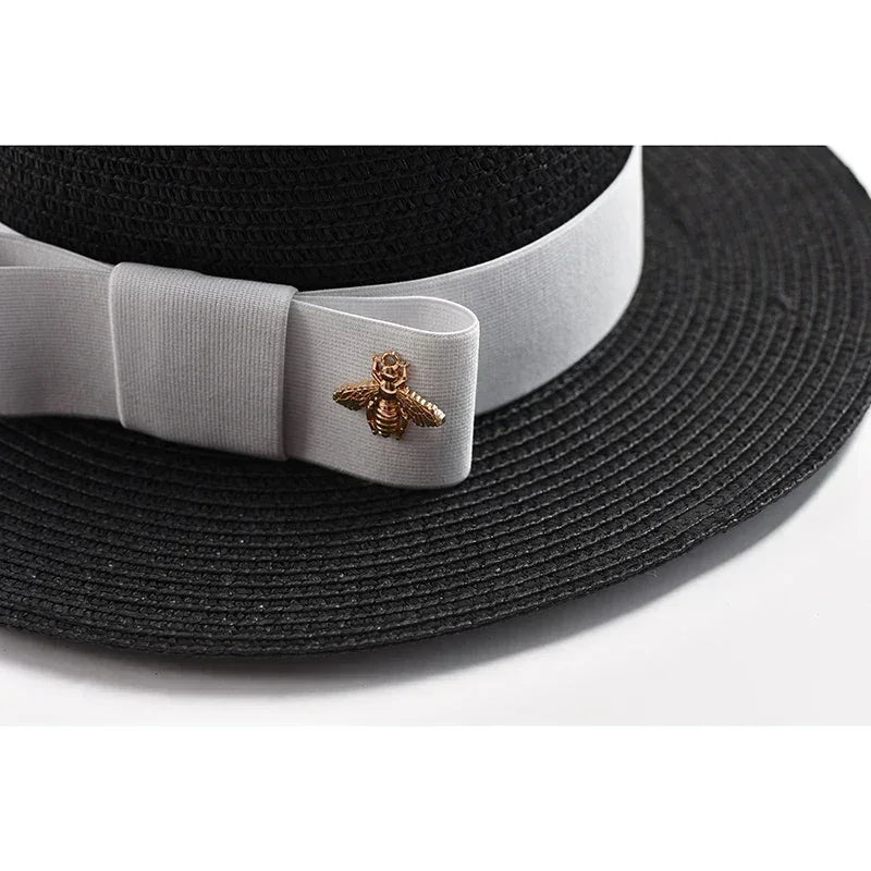 NEW Spring Summer Straw Hats for Women Round Bumpy Surface Flat Top Bowknot Dress Cap Travel Beach Sun Hat Gorra