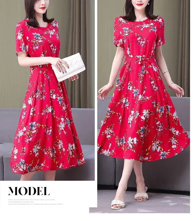 New Fashion Casual 2024 Summer Elegant Dresses For Women O-Neck Print Vintage Short Sleeve Dress Loose Women Clothing