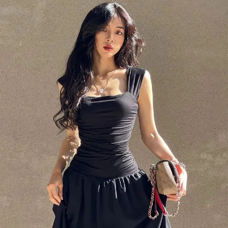 Ruched Bodycon Maxi Dress | Y2K Square Neck Slip Dress -femstylo