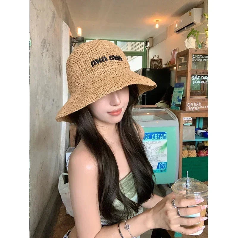 2025 Letter Sun Hat for Women Straw Beach Hats Women Large Wide Brim  Foldable Hat  Fashion Designer Outdoor Korean Bucket Hat