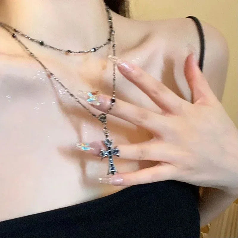 Summer Black Rhinestone Cross Jesus Pendant Choker Necklace for Women Punk Vintage Double Layers Chain 2024 Neck Boho Jewelry