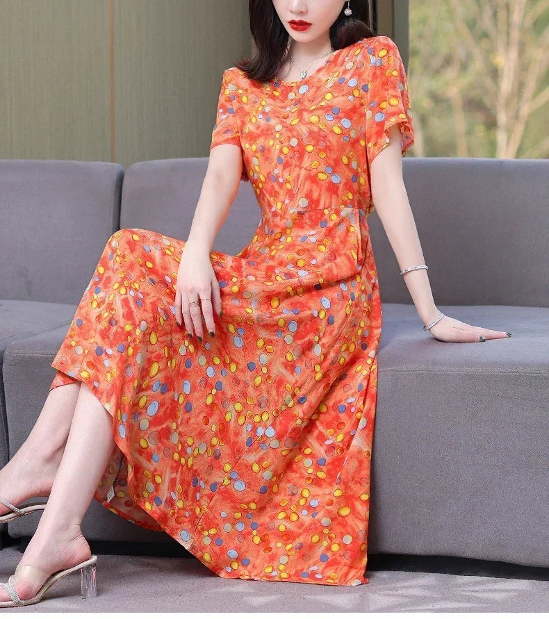 New Fashion Casual 2024 Summer Elegant Dresses For Women O-Neck Print Vintage Short Sleeve Dress Loose Women Clothing