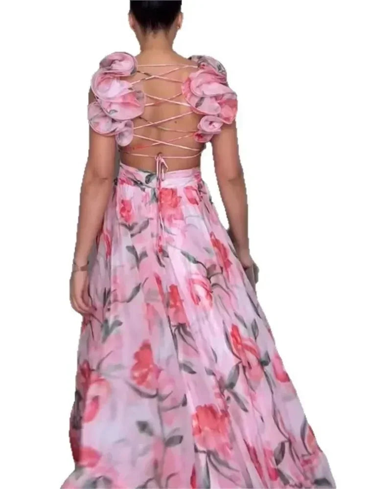 2025 Sexy Printed Chiffon Long Dress Summer Fashion Elegant V Neck Ruffles Edge Slim Vacation Sleeveless Backless Party Dresses