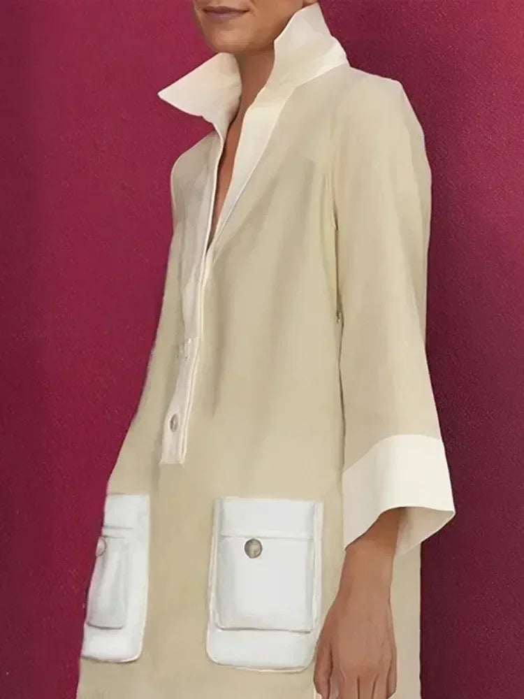 Yeezzi Women Shirts Dress 2025 New Spring Long Sleeve Fashion Contrast Color Pockets Buttoned Elegant Party Evening Mini Dresses