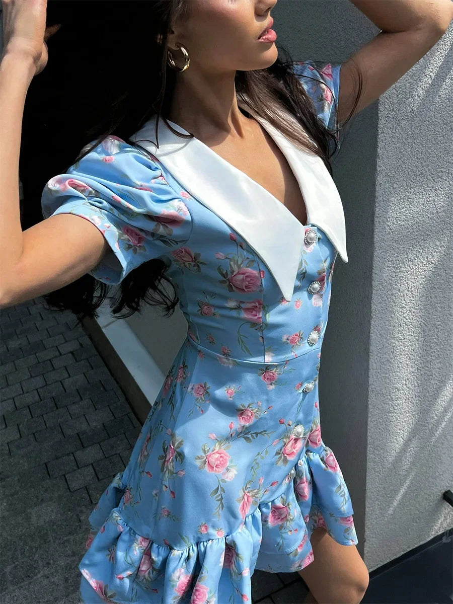 Puff Sleeve V-Neck Mini Dress | Printed Ruffled Pearl Button Dress - Femstylo