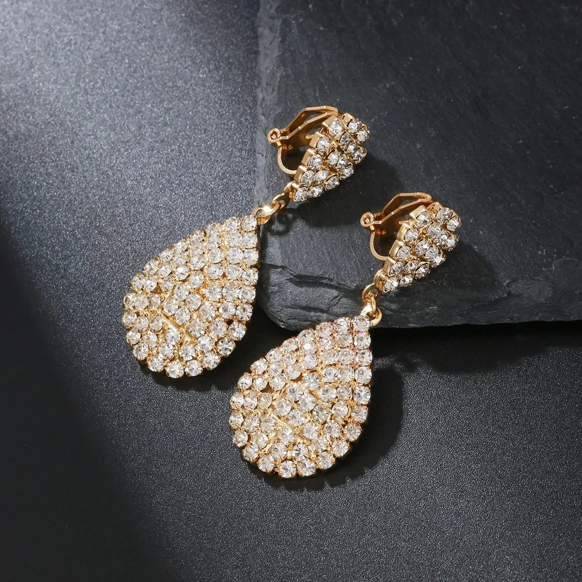 Water Drop Clip On Earring Cubic Zirconia Crystal Dangle Earrings Statement Earrings no pierced for Women Wedding Bridal jewelry