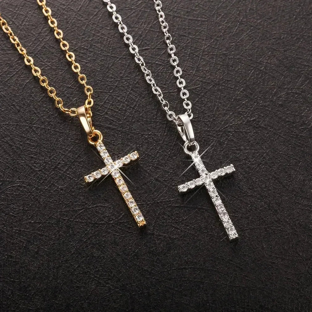 Luxury Zircon Cross Pendants Necklace Fashion Light Golden Silver Color for Men Women Jewelry Chain Accessory