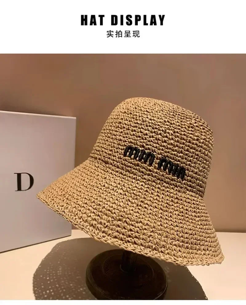 2025 Letter Sun Hat for Women Straw Beach Hats Women Large Wide Brim  Foldable Hat  Fashion Designer Outdoor Korean Bucket Hat