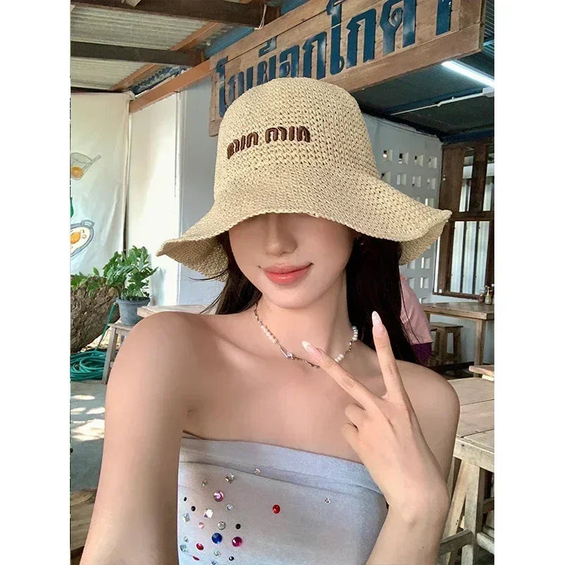 2025 Letter Sun Hat for Women Straw Beach Hats Women Large Wide Brim  Foldable Hat  Fashion Designer Outdoor Korean Bucket Hat
