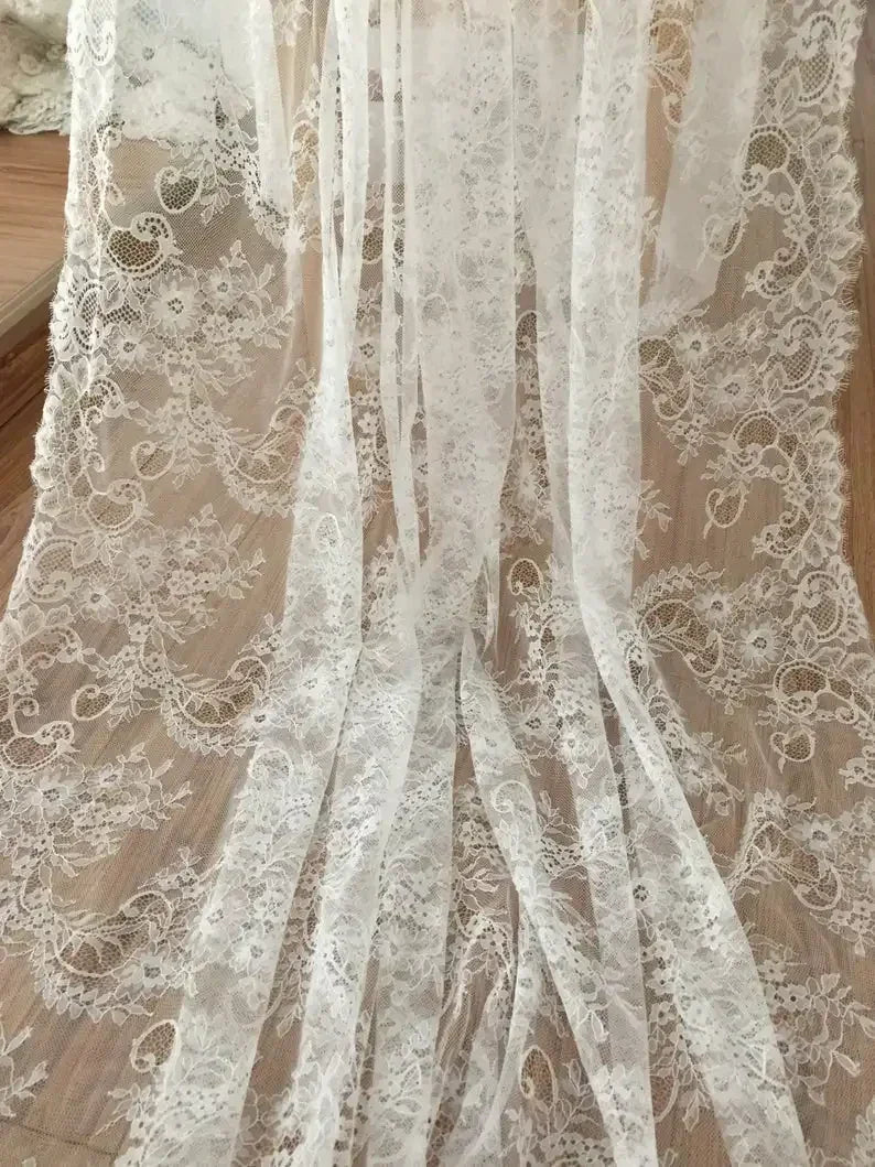 3Meters/lot Off White French Chantilly Lace Fabric , Eyelash Embroidery Lace Craft Bridal Veil Lace Accessory 150cm Width
