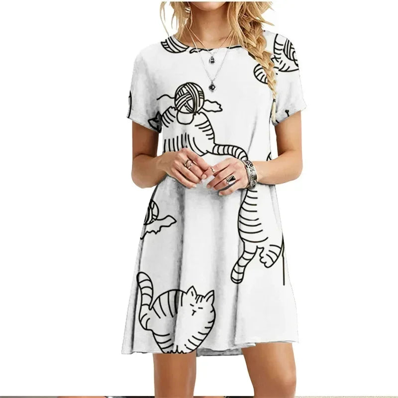 Painted Patters Cats Print Dress Short Sleeve Kawaii Women Dresses Summer For 2022 Fashion O-Neck Street Casual Loose Clothing