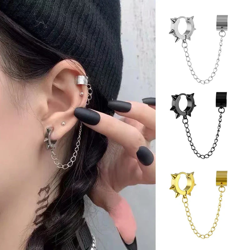 Punk Cross Pendant Clip Earring | Unisex Metal Chain Tassel Ear Cuff