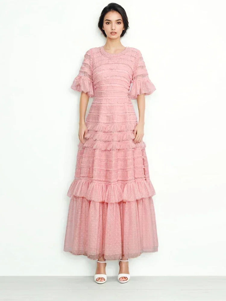 Patchwork Edible Tree Fungus Elegant Dresses For Women Round Neck Short Sleeve High Waist Temperament Dress Female Fashion
