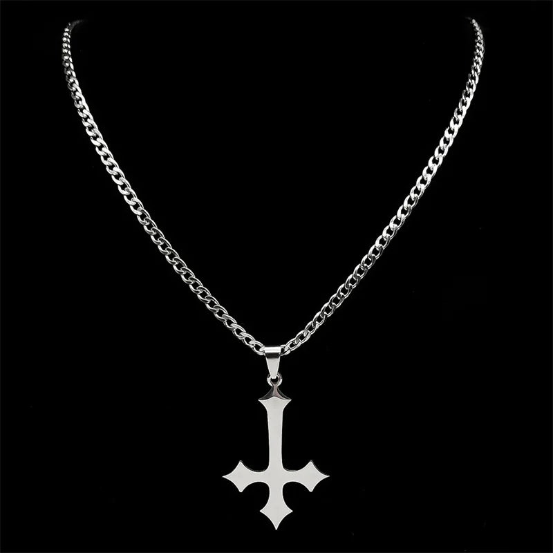 Goth Upside Down Cross Stainless Steel Pendant Necklace | Inverted Crucifix Gothic Jewelry for Men