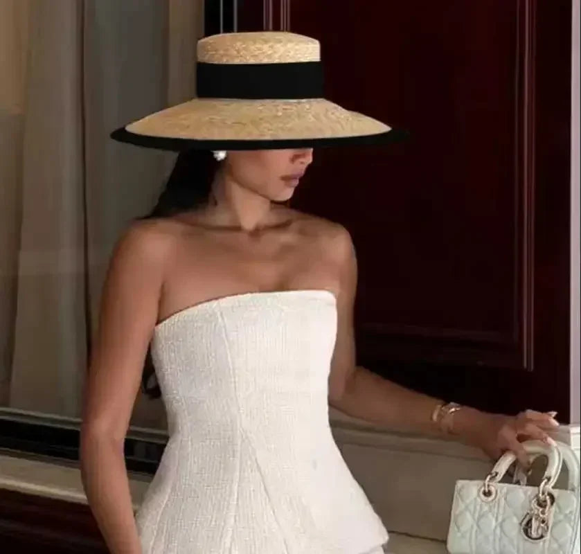 Straw summer hat French elegant ladies seaside travel sun hat Hepburn style wide brim hat  햇빛가리개 모자 모자