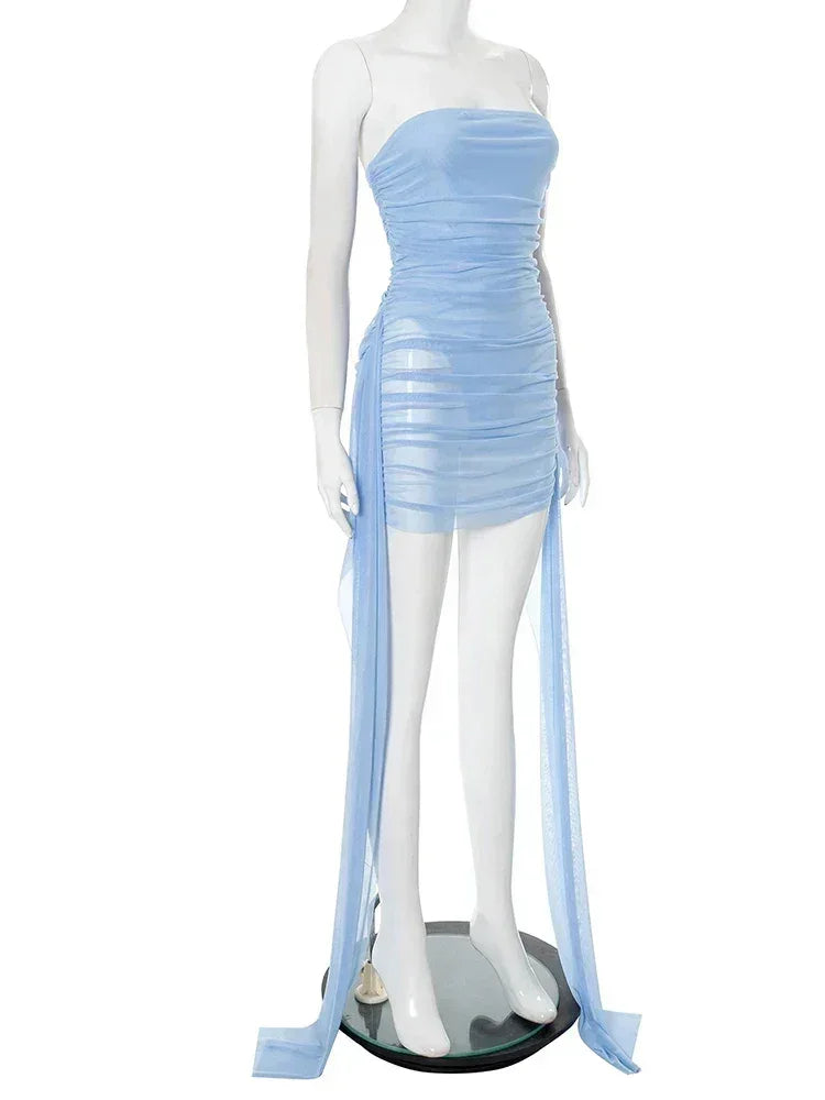 Weird Puss See  Through Dress Women Backless Sleeveless Tassel Double Deck Pleated Sexy Midnight Clubwear Party Mini Bodycon