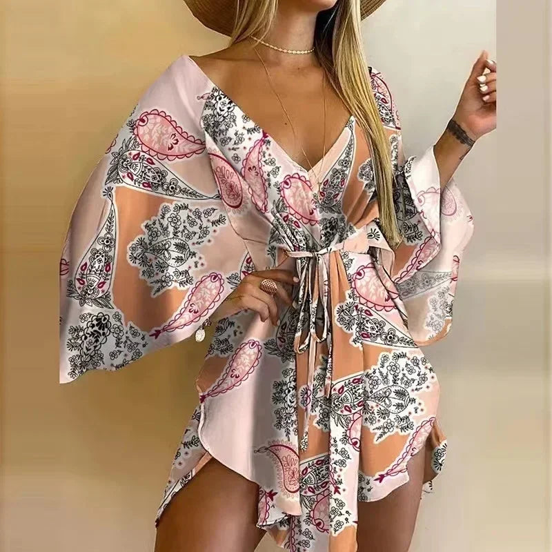 2024 New Summer Beach Elegant Women Dresses Sexy V Neck Lace-up Floral Print Mini Dress Casual Flared Sleeves Ladies Party Dress
