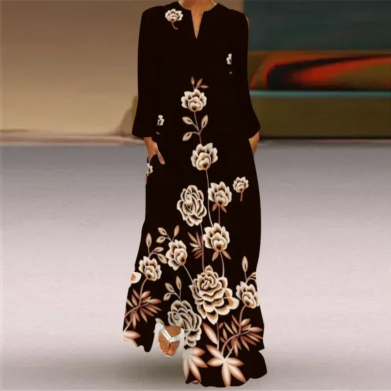 Women's Maxi Dress Printed Retro Fashion y2k vestidos Long Sleeve Loose Robe S-5XL