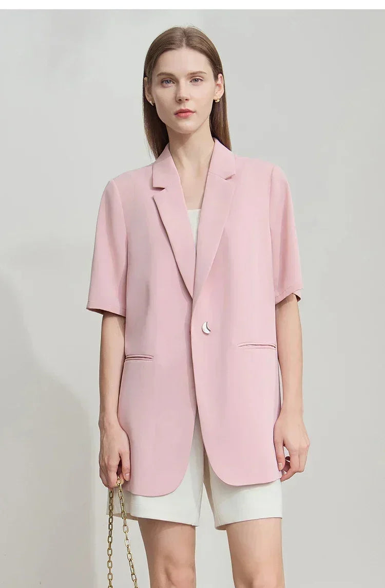 Amii Women's Top Minimalist 2025 Summer New Notched Lapel Contrast Material Patchwork One Button Short Sleeve Blazer 12542081
