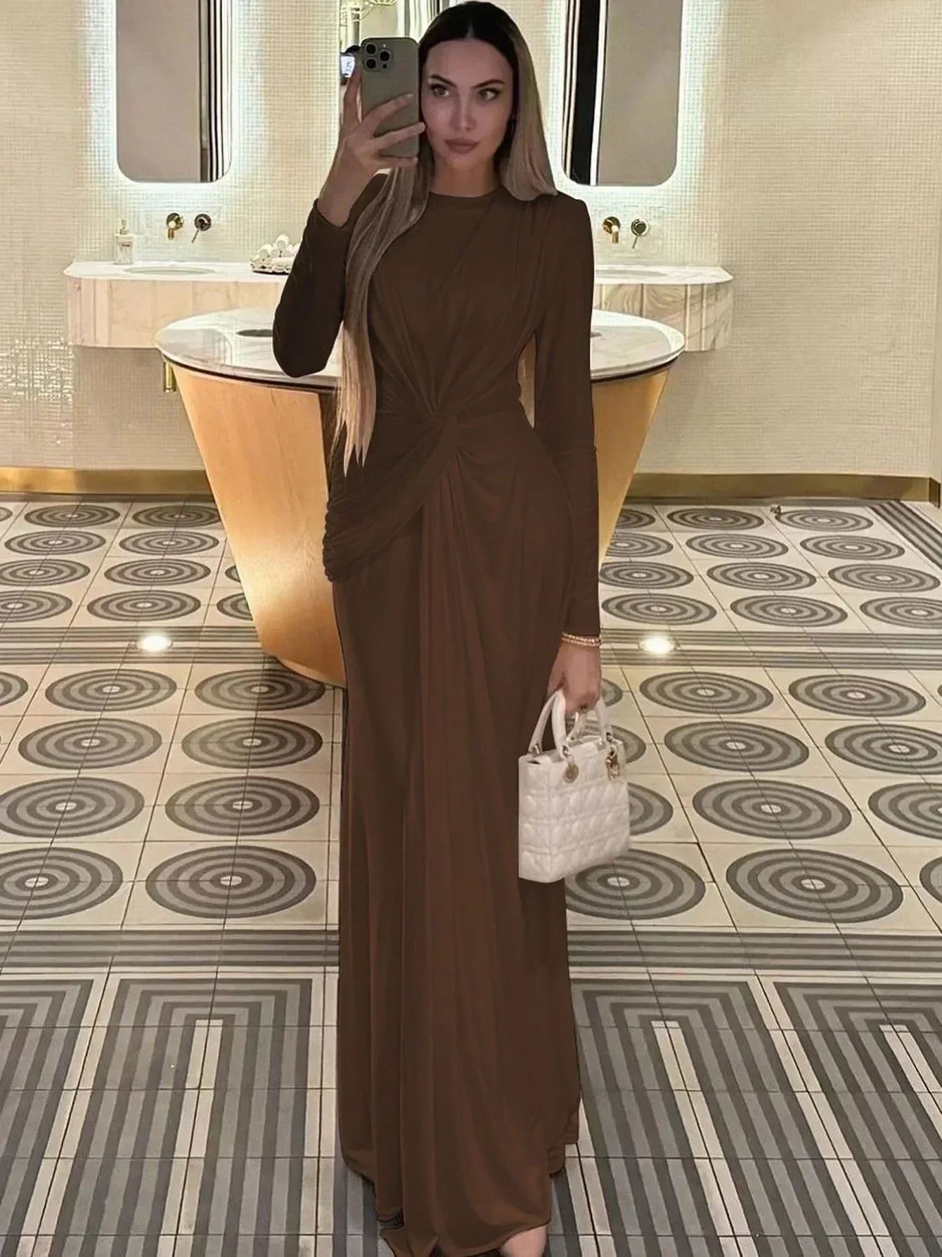 Dulzura Long Sleeves Shoulder Pad Ruched Maxi Dress Solid Elegant Prom Evening Party Long Dress Women’S Autumn Winter Outfit